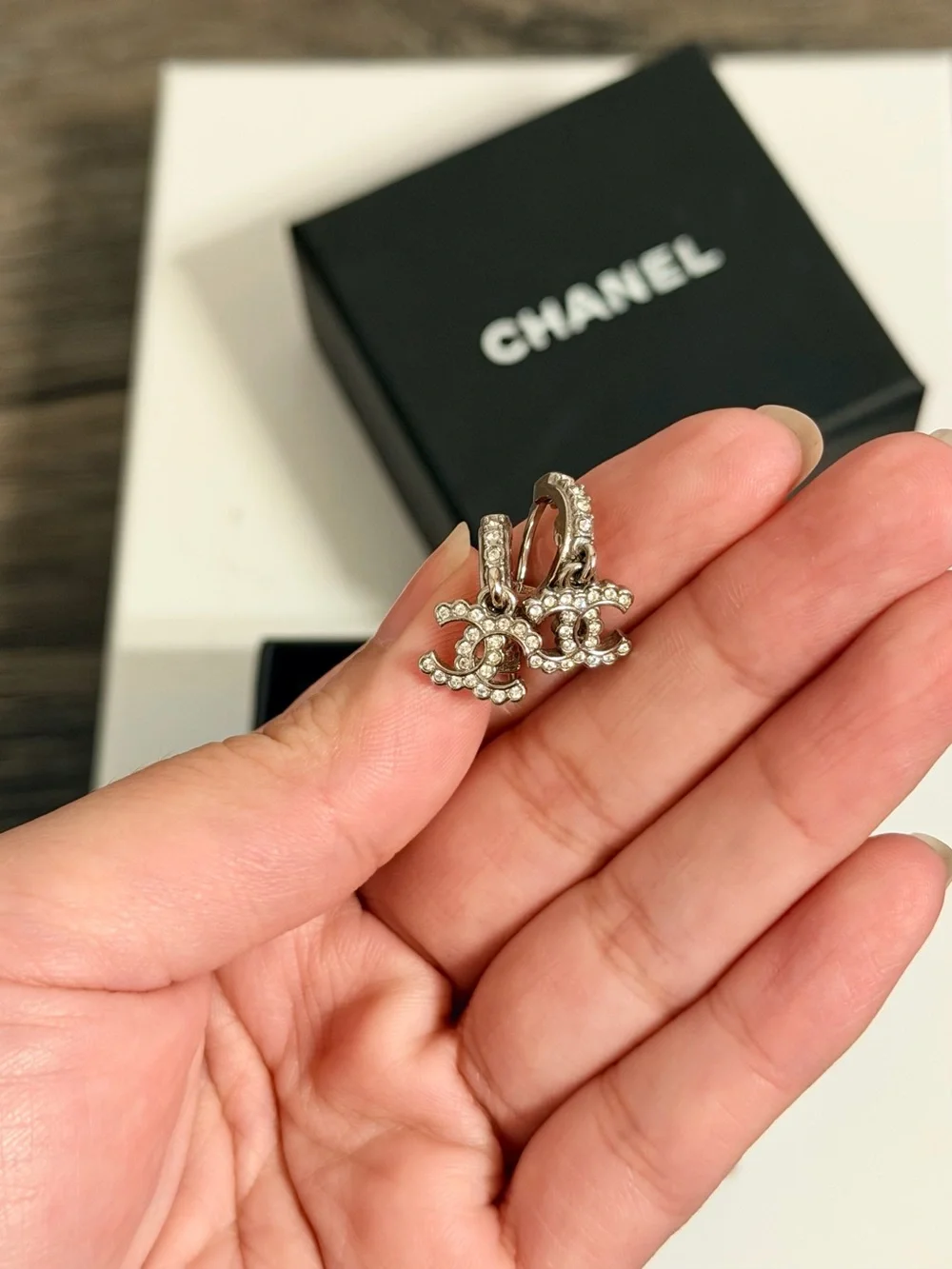 CHANEL Silver Crystal CC Dangle Earrings